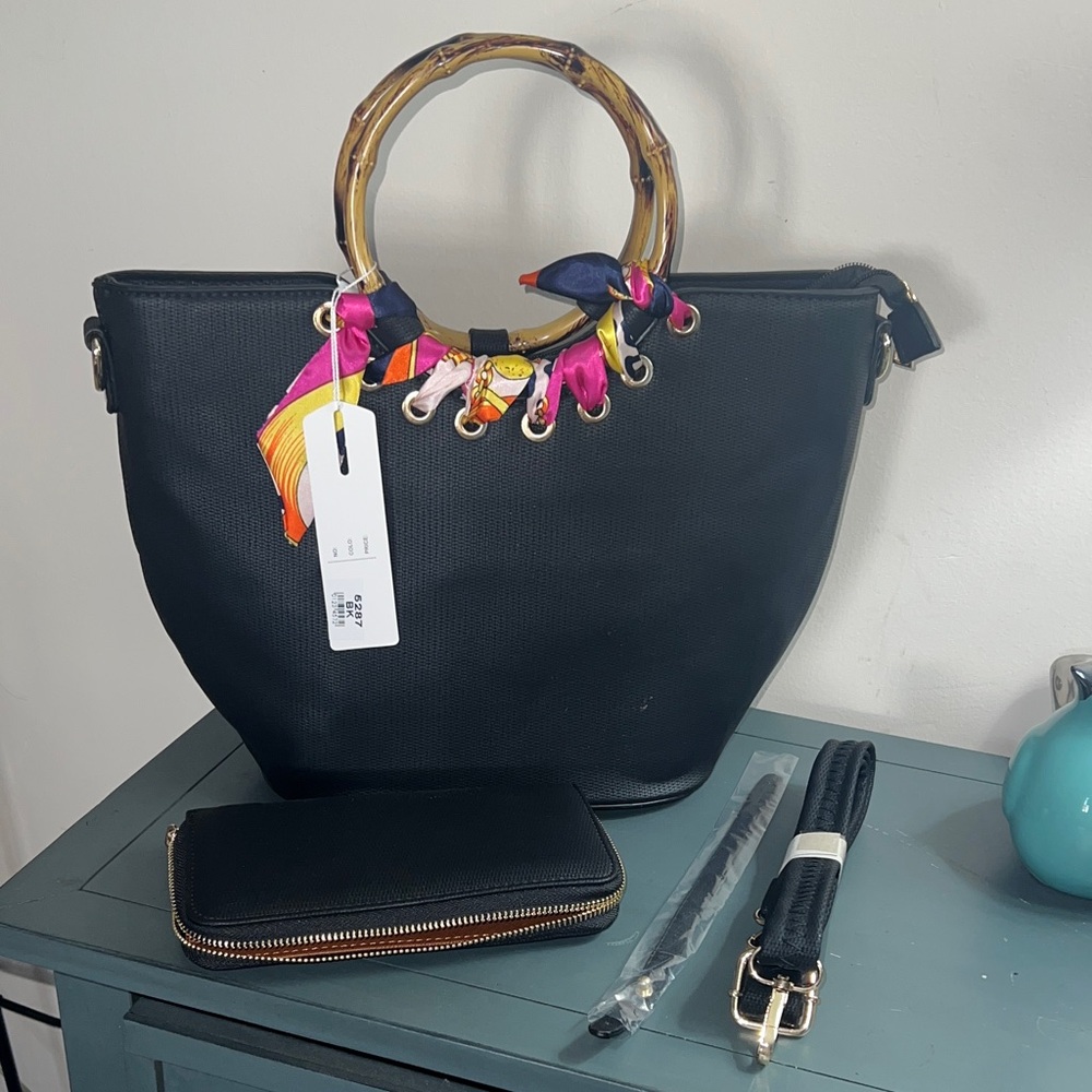 Empire Black Tote Bag with Bamboo Handle crossbody/wrist strap & wallet NWT